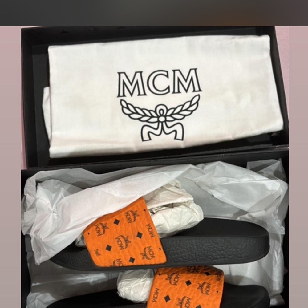 MCM Black and Orange Patterned Slides
